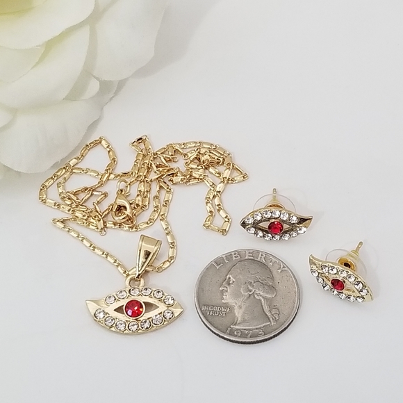 Red Evil Eye Women's Necklace Set. 14K Gold Plated - Picture 2 of 6
